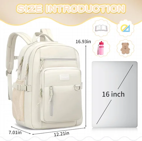 Miniatura 2 de PRAGARI Mochila para niños para la escuela, bonita mochila estética para niñas, mochila para estudiantes, bolsa de libros ligera de viaje para Beige