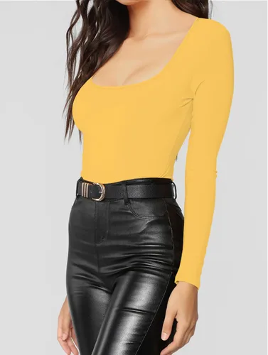 Miniatura 58 de MANGDIUP Body esencial para mujer, cuello redondo, manga larga, ajustado, elástico, de algodón y elastano