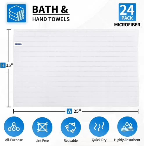Miniatura 2 de Toallas de mano para baño, paquete de 24 toallas de mano de baño de microfibra de 25 x 15 pulgadas, de secado rápido, sin pelusas, suaves, Blanco