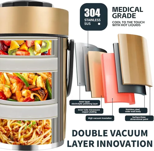 Miniatura 5 de Termo mejorado de 67 onzas para comida caliente, termo apilable de 3 capas, tarro de sopa con bolsa aislante, ideal para oficina, comidas al aire 67