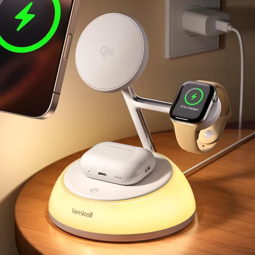 Lamicall Estación de carga inalámbrica 4 en 1 con certificación Qi2 para Magsafe, [luz nocturna LED] Soporte de cargador magnético rápido de 15 W,