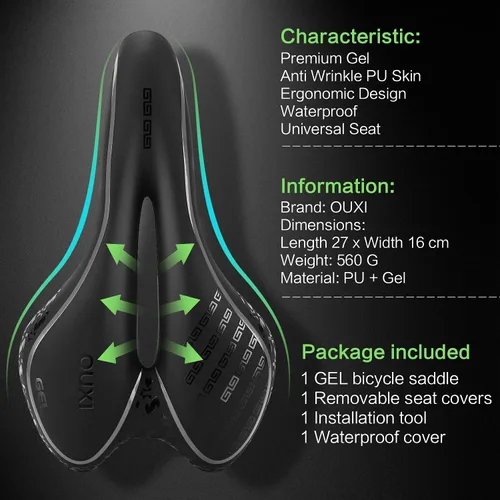 Miniatura 2 de OUXI Asiento de Bicicleta Cómodo Sillín de Bicicleta de Gel Cómodo de Repuesto Suave Acolchado con Absorción de Impactos Impermeable para MTB Negro