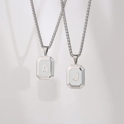 Miniatura 8 de Collar con inicial A-Z para hombres y niños, cadena con colgante de letra cuadrada de acero inoxidable para hombres, cadena de trigo de 20 + 2