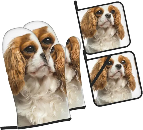 Miniatura 2 de Cavalier King Charles Spaniel - Juego de 4 manoplas para horno y ollas para perros, resistentes al calor, con capa interior de algodón Cavalier King