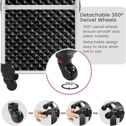 Miniatura 8 de Yaheetech Estuche de tren de maquillaje rodante 3 en 1, organizador de gran capacidad con ruedas giratorias, carrito cosmético para llaves para Negro
