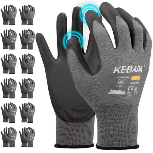 Miniatura 11 de Kebada Guantes de trabajo de seguridad, paquete de 120 pares a granel, pantalla táctil, revestimiento de poliuretano, ideales para almacén, Negro