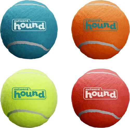 Outward Hound Squeaker Ballz Paquete de 4 Juguetes de Pelotas de Tenis para Perros con Chirriador, Juego Interactivo de Buscar para Mascotas de 50