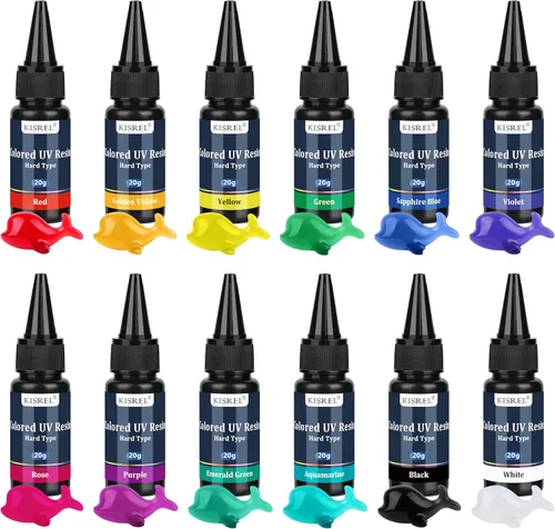 KISREL Resina UV, 12 colores, kit de resinas UV de 8.47 oz, resinas de colores transparentes, resina transparente ultravioleta rígida para