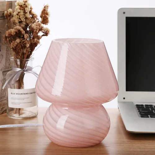 Lámpara de hongo rosa, lámparas de mesa de noche de cristal de hongo, translúcidas, estilo vintage Murano a rayas, pequeña mesita de noche, lámpara