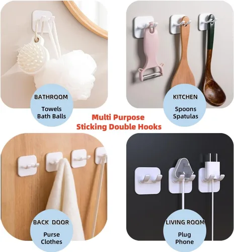Miniatura 3 de Ganchos adhesivos, ganchos dobles impermeables que se pegan, gancho de pared sin daños, gancho de plástico blanco multiusos para afeitar, toalla