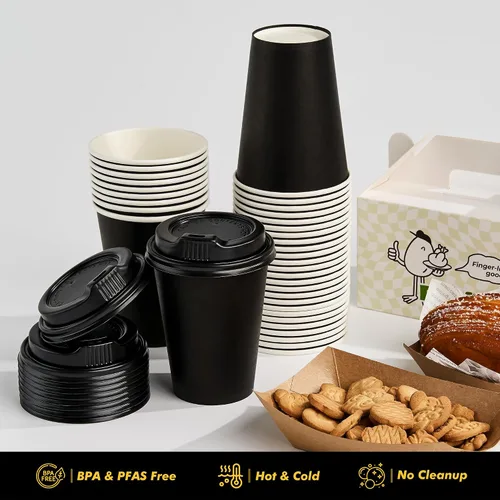 Miniatura 8 de RACETOP Tazas de café de papel de 12 onzas, paquete de 100 tazas de café desechables negras con tapas, tazas de papel caliente con tapas, taza
