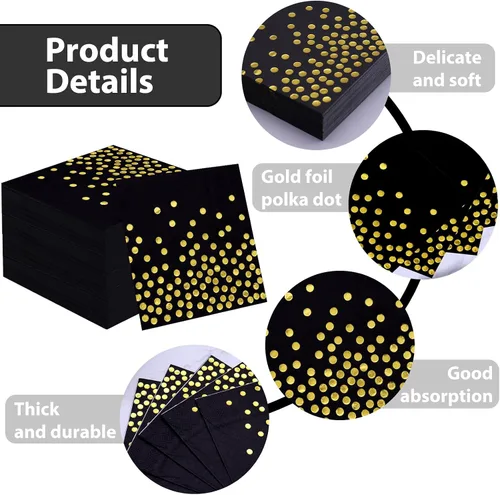 Miniatura 3 de 100 servilletas de cóctel desechables negras – Servilletas de papel negro y dorado para cumpleaños, boda, aniversario, Año Nuevo, fiesta