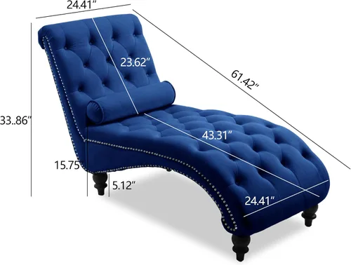 Miniatura 2 de Moderna tumbona de terciopelo para interiores con ribete de cabeza de clavo, sillón sin brazos con botones para interior con almohada lumbar y 4