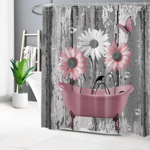 Miniatura 32 de HVEST Cortina de ducha geométrica rosa con ganchos, cortina de ducha moderna geométrica abstracta gris y blanco para baño, 72 x 72 pulgadas, juego