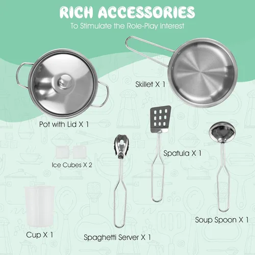 Miniatura 7 de Costzon Juego de cocina para niños, cocina de juego de simulación de madera 9 en 1 con luz y sonido realistas, máquina de hielo, lavadora