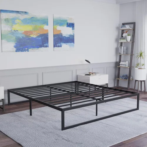 Flash Furniture Bentley Marco de cama de plataforma de metal de 14 pulgadas, marco negro, soportes de listones de acero, almacenamiento debajo de la