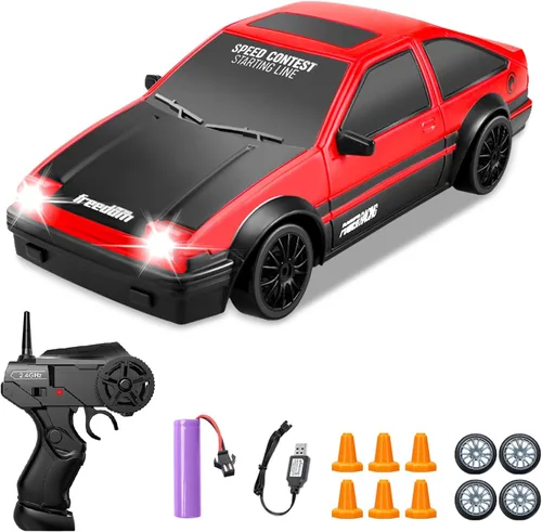 Coche RC de Deriva, Coches de Control Remoto 1:24 2.4GHz 4WD de Alta Velocidad con Luz LED y Neumáticos de Deriva para Carreras, Juguete de Hobby