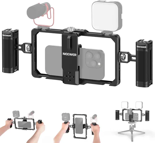 Miniatura 13 de NEEWER Plataforma de video para teléfono móvil, jaula estabilizadora de agarre para teléfono móvil con zapata fría y rosca de 1/4 pulgadas