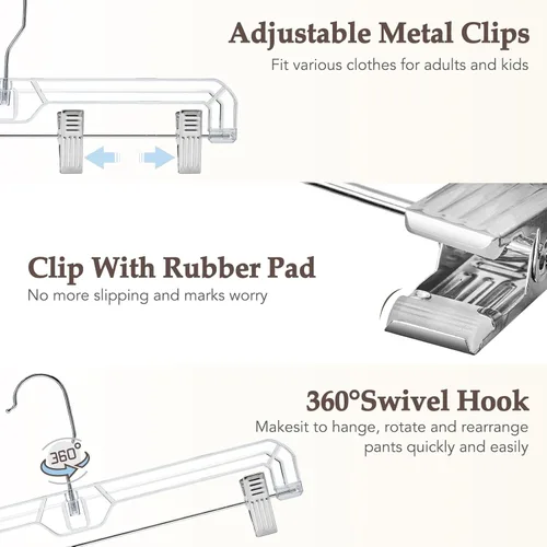 Miniatura 3 de HOUSE DAY Perchas para faldas transparentes con clips, percha antideslizante de plástico para pantalones con 2 clips ajustables, percha con clip