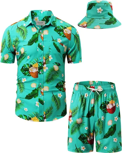 Miniatura 116 de TUNEVUSE Conjunto de camisas y pantalones cortos hawaianos para hombre, 2 piezas, trajes de playa con estampado de flores, traje tropical de verano
