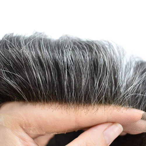 Miniatura 26 de Peluca tipo tupé para hombre, sistema de reemplazo de cabello humano europeo indetectable, encaje francés, nudos blanqueados, línea capilar natural