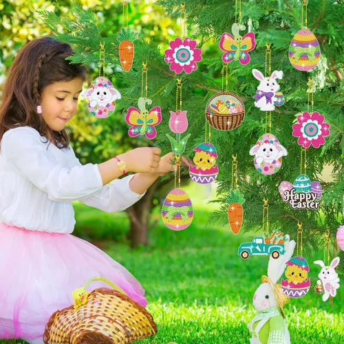 Miniatura 6 de Ferraycle Kit de pintura de diamante de Pascua de 12 piezas, kits de arte de diamantes 5D DIY con huevo de Pascua, conejo, zanahoria, adornos