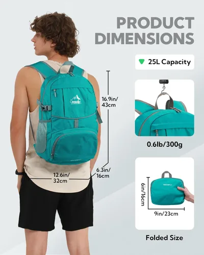 Miniatura 2 de WATERFLY Mochila de senderismo plegable: mochila de día de 25 L, ultra ligera para mujer y hombre - pequeña mochila plegable compacta para deportes