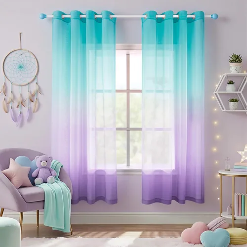 Cortinas para dormitorio de niñas de KOUFALL, cortinas de decoración de habitación de sirena de color morado lavanda y verde azulado, cortinas de
