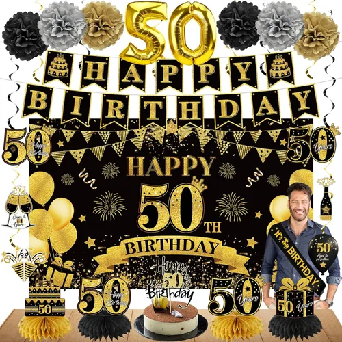 Eucutur Kit de Decoración de 42 Piezas para Cumpleaños 50, para Hombres y Mujeres, Banner de Cumpleaños 50 Feliz en Oro Negro, Globos, Centro de