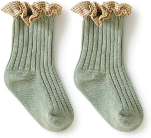 Miniatura 3 de TIBE PINCESS Calcetines de tobillo vintage con volantes para bebés y niñas, calcetines de encaje acanalados a cuadros para vestir