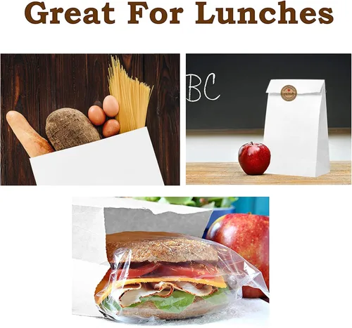 Miniatura 3 de Bolsas de almuerzo de papel, 50 unidades, grandes, color blanco, bolsas de papel kraft de papel blanco de 8 libras, sacos de almuerzo blancos 50