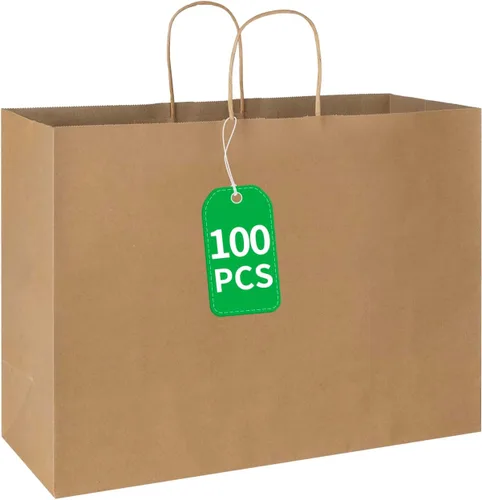 Miniatura 8 de bagmad Paquete de 50 bolsas grandes de papel kraft de 16 x 6 x 12 pulgadas, color marrón natural liso con asas, a granel para compras, bodas