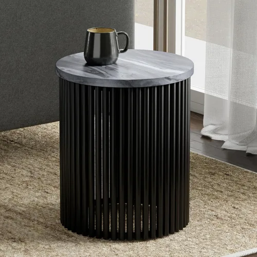 Miniatura 2 de SIMPLIHOME Demy - Mesa auxiliar redonda de metal sólido de 18 pulgadas de ancho con parte superior de mármol genuino y base de listones en negro