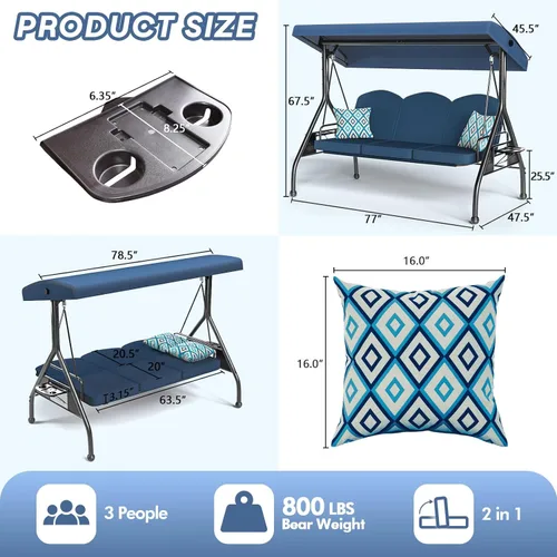 Miniatura 7 de ZZW Columpio de patio para porche al aire libre de 3 asientos con soporte de 800 libras, cama columpio convertible 2 en 1 con toldo ajustable