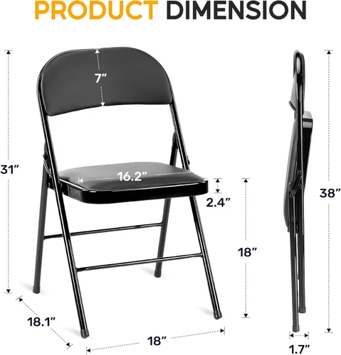 Miniatura 2 de Simple Deluxe Juego de 2 sillas de comedor, cojín de cuero, plegable, moderno, para cocina, con respaldo acolchado y patas de metal, asiento Negro