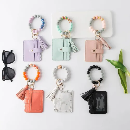 Miniatura 6 de Real Sic Pulsera de pulsera llavero billetera, soporte para tarjetas de crédito con cuentas de silicona, funda multifuncional de moda para tarjetas