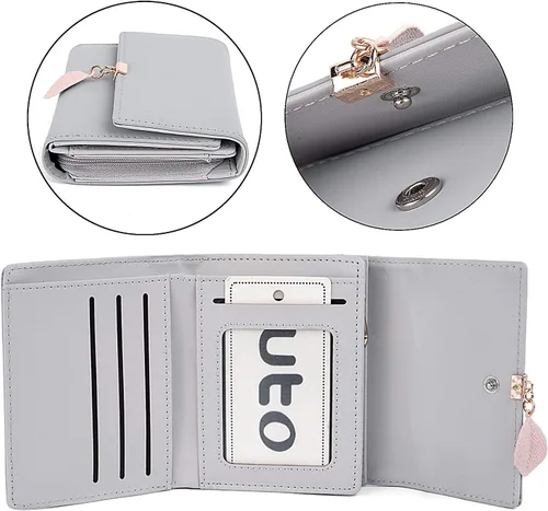 Miniatura 23 de UTO - Cartera pequeña RFID de piel sintética con dije de hoja, cierre de cremallera y tarjetero.