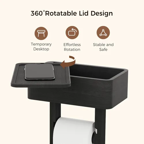 Miniatura 3 de Wealone Soporte de papel higiénico 4 en 1 negro con estante de almacenamiento, caja, rotación de 360°, bambú, papel higiénico de pie, dispensador