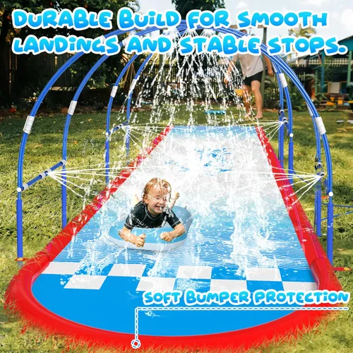 Miniatura 5 de Tobogán acuático de césped de 23 pies con marco de metal doble y sistema de riego independiente, tobogán de agua para patio trasero de niños