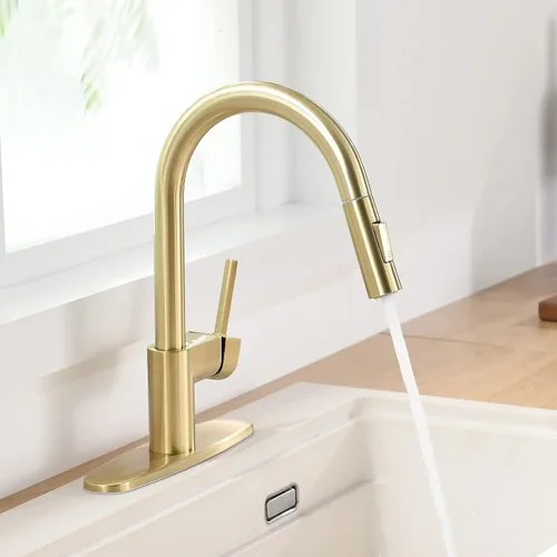 Miniatura 6 de Grifo de cocina dorado con rociador extraíble, grifo de fregadero de cocina extraíble de una sola manija de 1 y 3 agujeros con placa de cubierta
