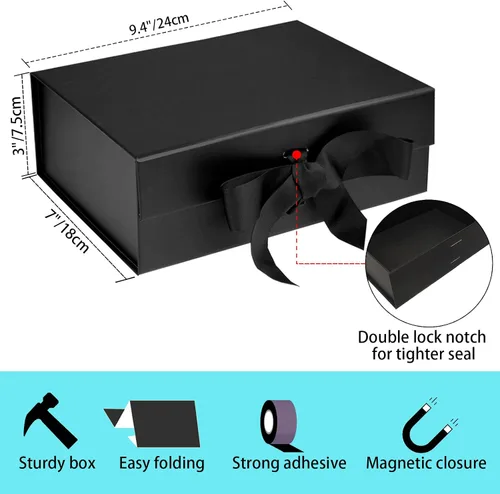 Miniatura 2 de RUIFYRAY Caja de regalo magnética de lujo negra con tapa, cintas y bolsa de regalo, tamaño mediano, 9.4 x 7 x 3 pulgadas, ideal para Navidad, Año
