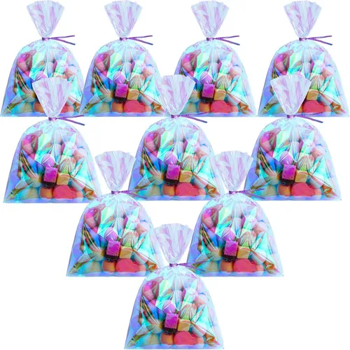 Shappy 120 bolsas de celofán iridiscentes, pequeñas bolsas holográficas con lazos giratorios, envoltura de regalo iridiscente para boda, cumpleaños,