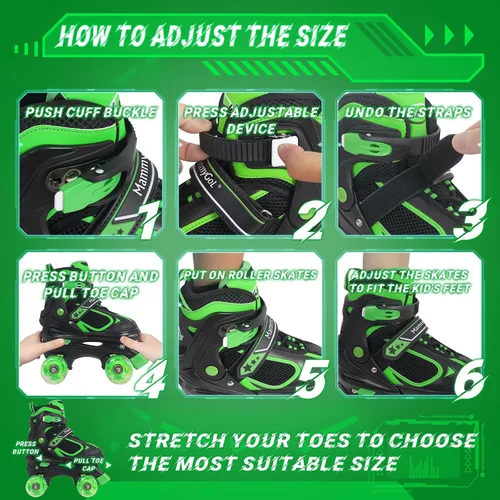 Miniatura 4 de MammyGol Patines de ruedas para niños y niñas, patines cuádruples de 4 tamaños ajustables para niños con todas las ruedas que se iluminan, Verde
