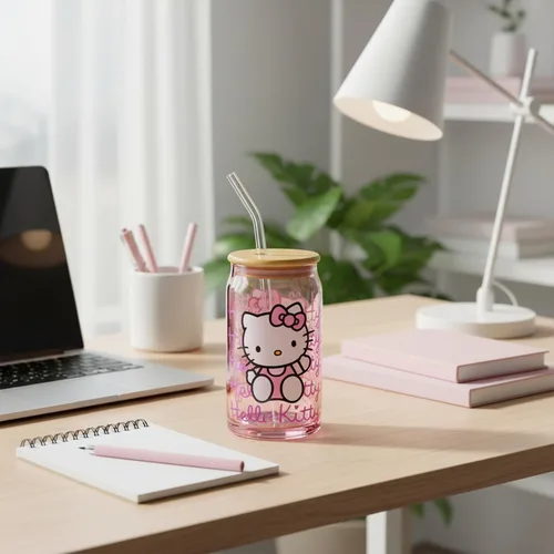 Miniatura 9 de Silver Buffalo Sanrio - Vaso de vidrio rosa con tapa de bambú y sorbete de vidrio de Hello Kitty, 16 onzas Hello Kitty Agitando
