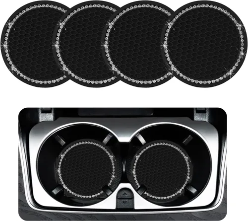 Ziciner 4 unidades de portavasos para automóvil con brillo, portavasos de goma suave con cristales, tapete antideslizante para tazas con strass,