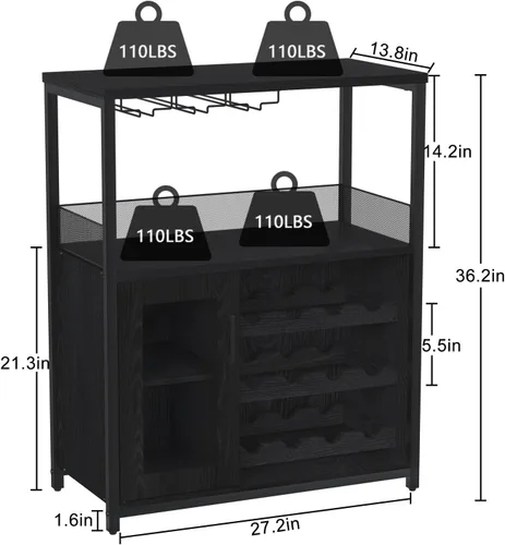 Miniatura 2 de IDEALHOUSE Armario de bar de vinos de 3 niveles con estante y cajón desmontable para vinos, aparador industrial y gabinete de buffet con soporte