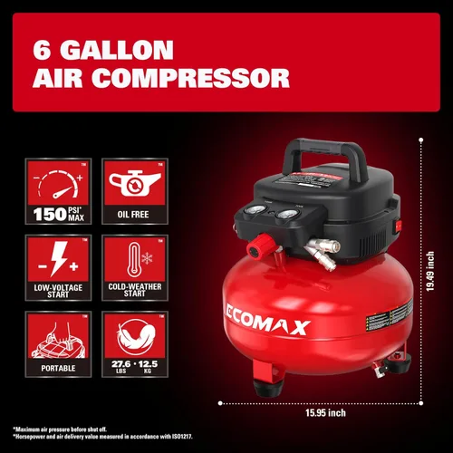 Miniatura 3 de ECOMAX Compresor de aire 6 galones 150 PSI portátil redondo libre de aceite con kit de accesorios de 10 piezas