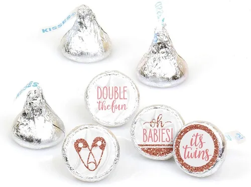 Big Dot of Happiness It's Twin Girls - Adhesivo redondo para baby shower, color rosa y oro rosa, etiquetas para dulces de chocolate (1 hoja de 108)