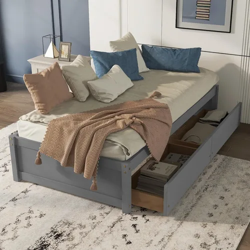 Miniatura 4 de HomSof Cama individual con 2 cajones, madera maciza, no necesita somier, gris