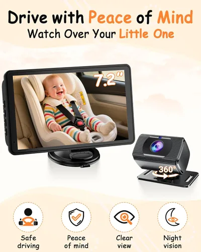 Miniatura 5 de Cámara de Coche para Bebé Rohent de 7.2 Pulgadas: Cámara Trasera para Asiento Trasero Infantil de 1080P HD con Visión Nocturna, Rotación de 360°